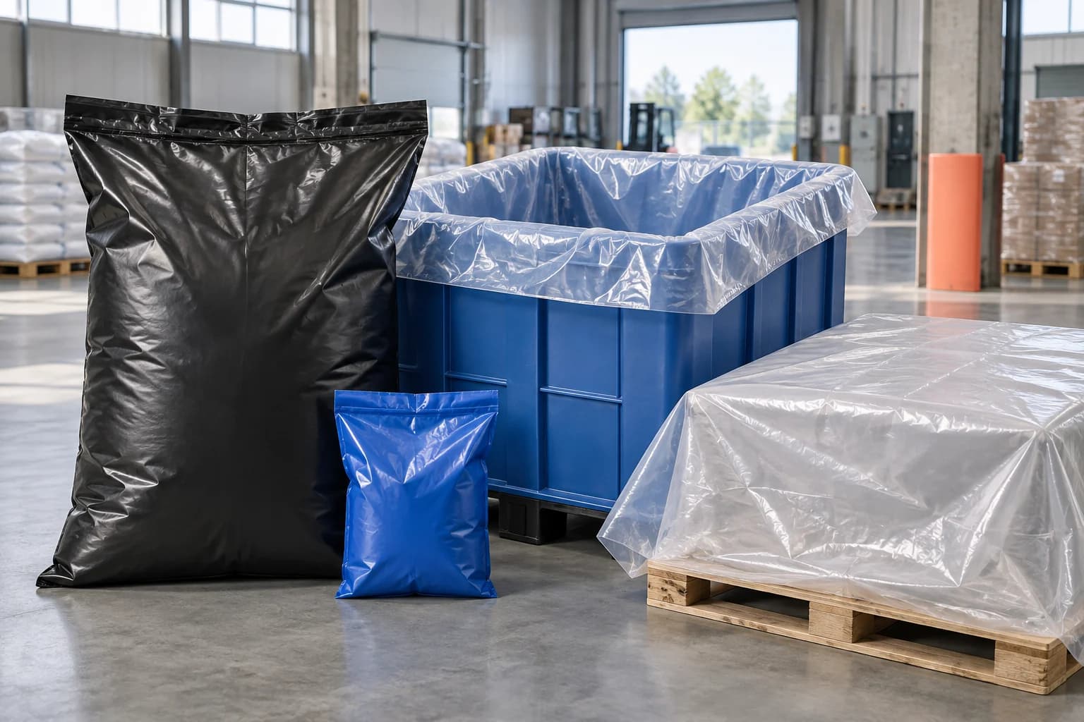 Heavy-duty industrial sacks, bin liners and pallet covers