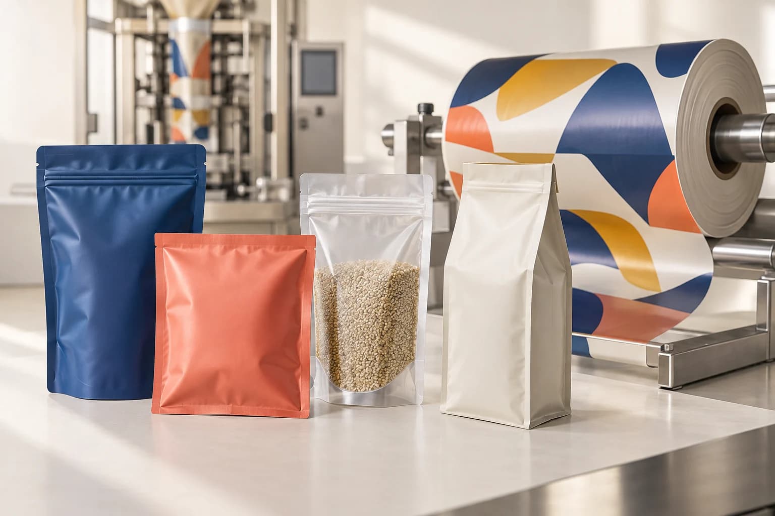 Flexible pouches and printed rollstock for production lines