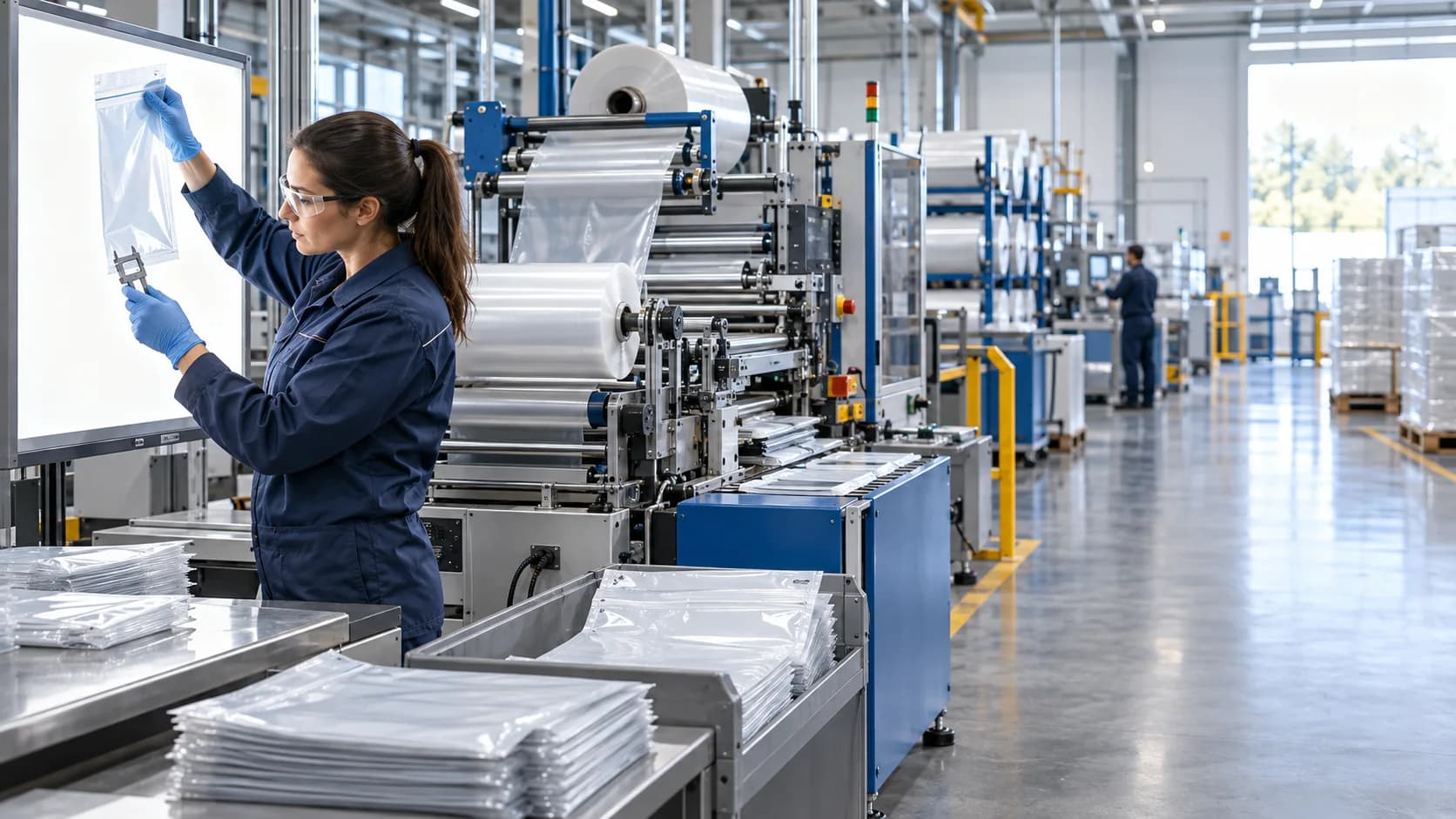 Quality technician measuring a converted flexible package