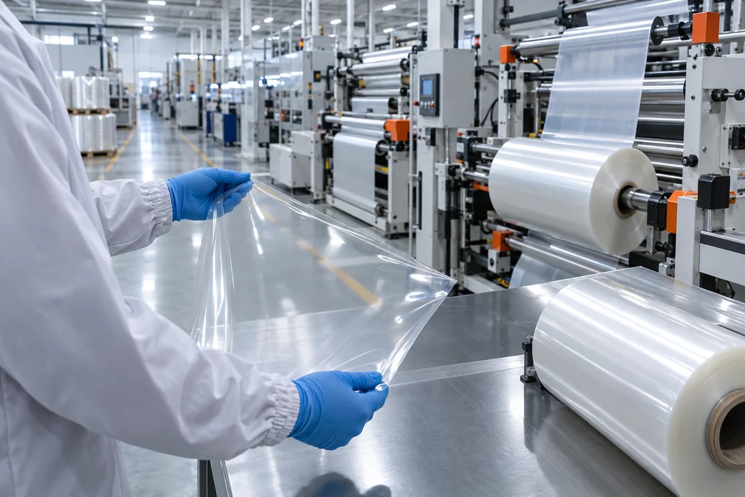 Technician inspecting film production